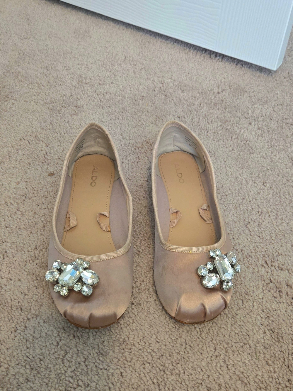 ALDO Blush Pink Satin Ballet Flats with Crystal Clusters